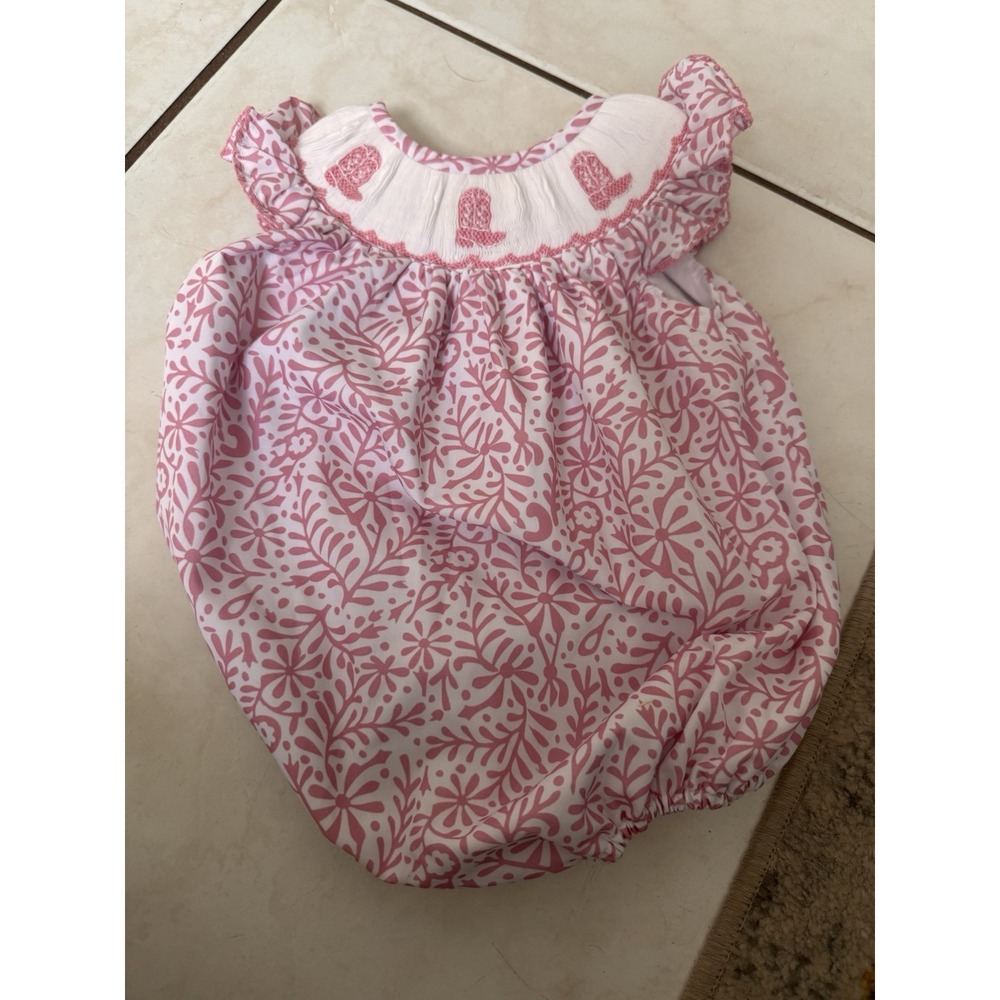 Poppy kids Co Baby Girls Pink Floral Cowboy Boots Smocked Bubble 6m Puff Sleeve